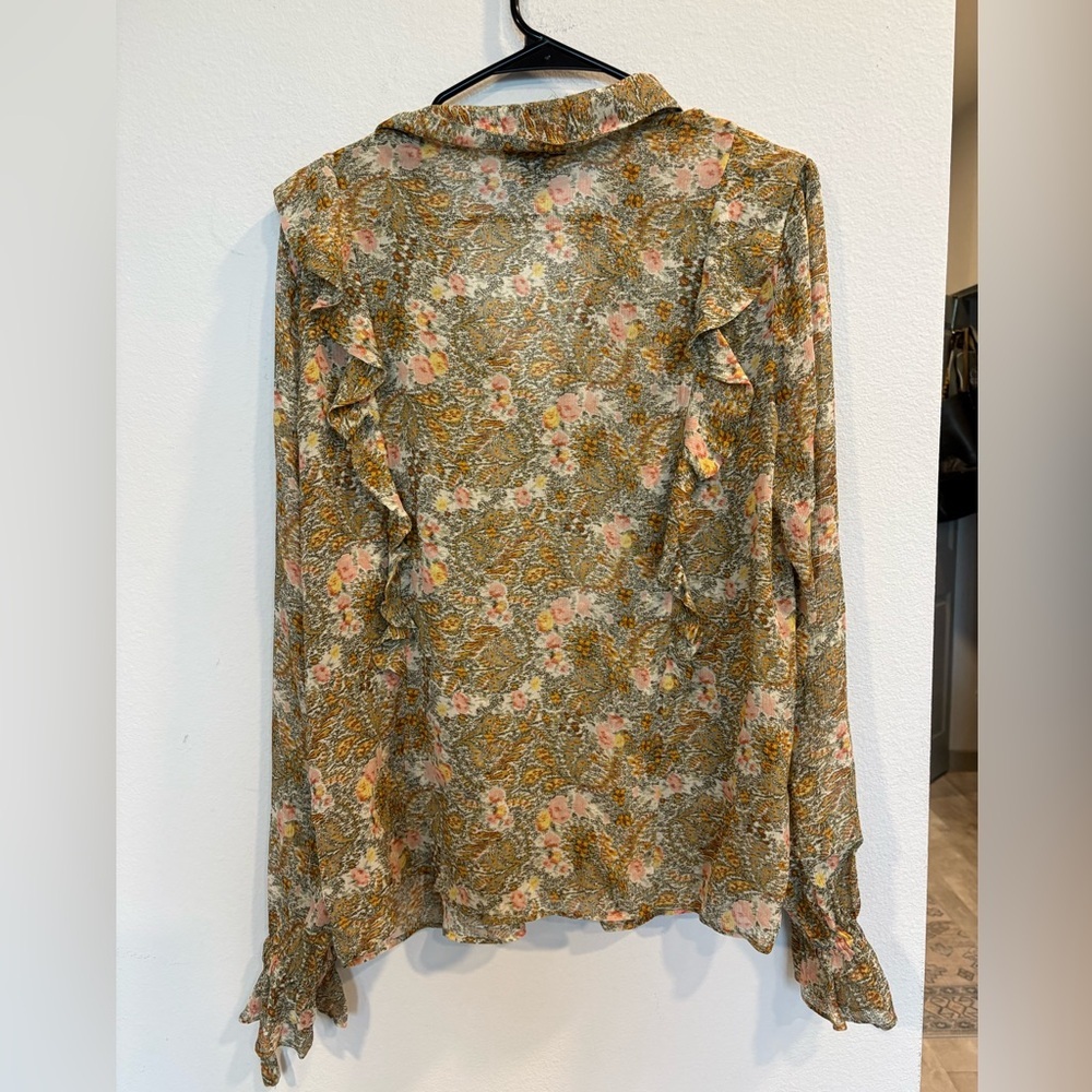 PAIGE Floral Ruffle Blouse Top Long Sleeve Sheer Boho Size L - Picture 3 of 4